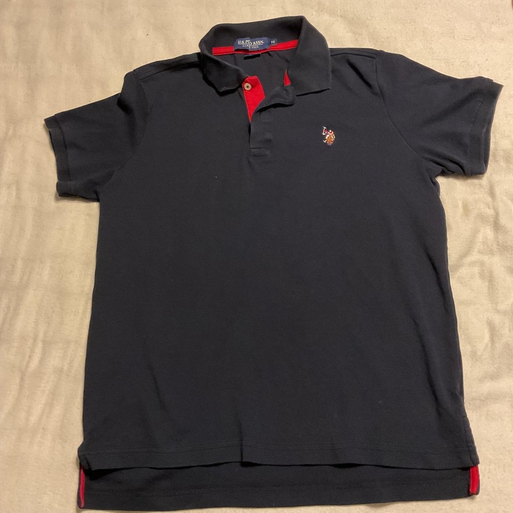 U.S. Polo‎ Assn Shirt Mens Size Medium Black Polo Short Sleeve Red Trim Casual